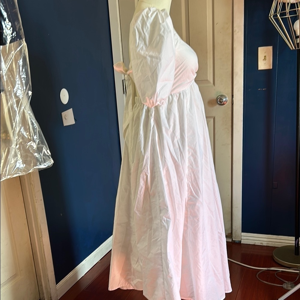 Elegant white Pink Puff Sleeve Dress - Picture 4 of 9